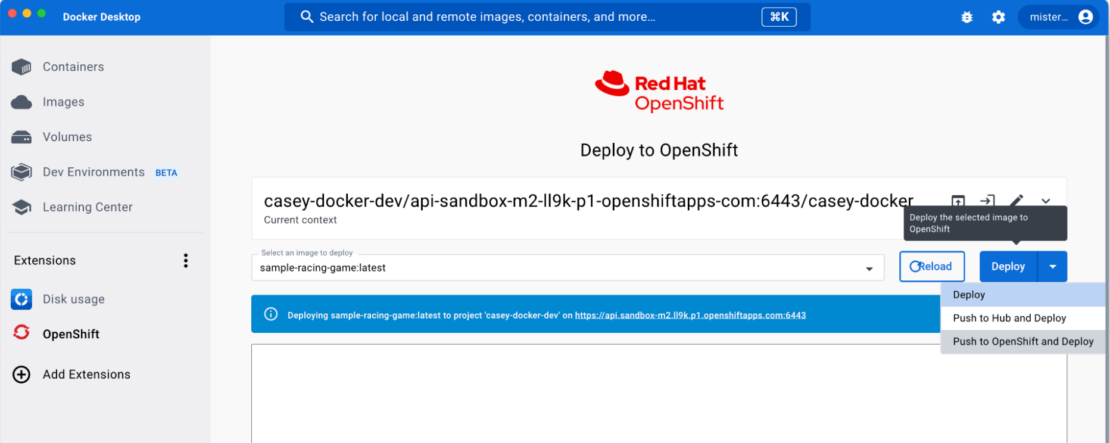 Screenshot of Deploy to OpenShift page with sample-racing-game selected for deployment