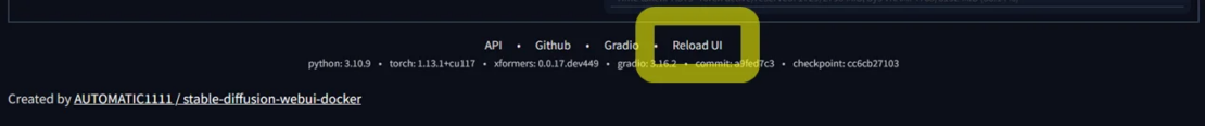 Screenshot of Stable Diffusion WebUI showing Reload UI option.