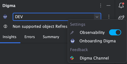 Screenshot of Digma dialog box with Observability toggle switch enabled (in blue).