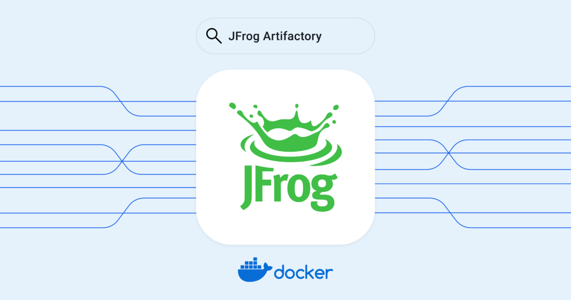 banner blog image JFrog, Artifactory, and Docker logos on blue background