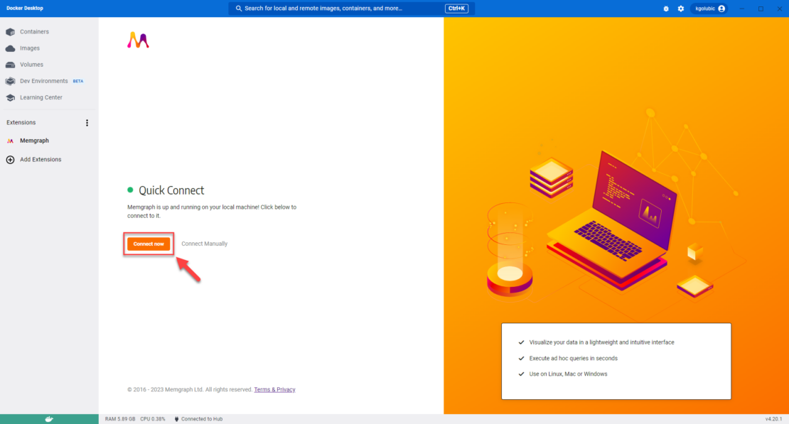 Screenshot of Docker Desktop showing orange Connect Now button you can use to connect to Memgraph.