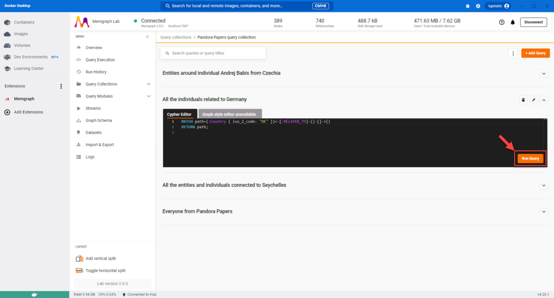 Screenshot of Docker Desktop showing query in the Cypher editor.