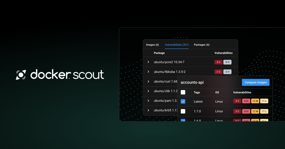 Image showing Docker Scout logo and a preview of how vulnerabilities are displayed in Docker Scout