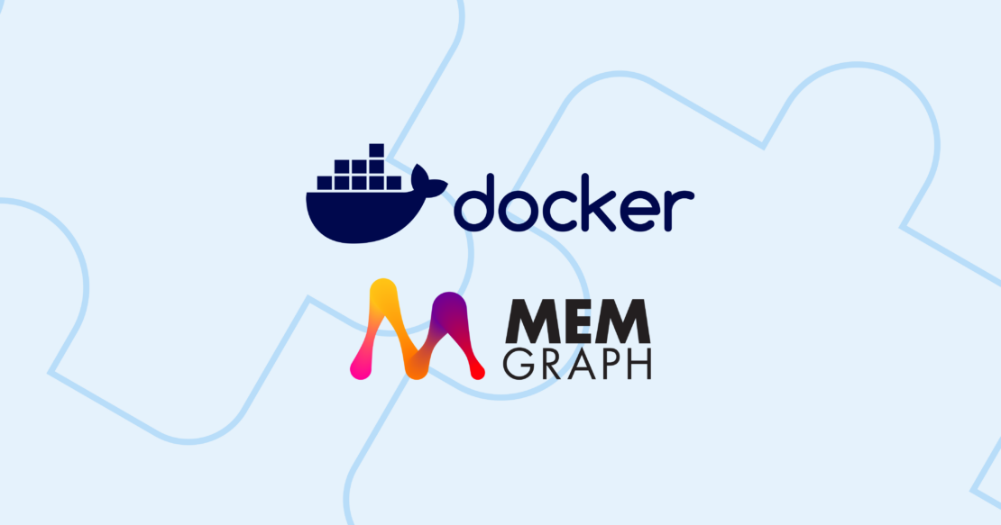 Graphic showing Docker and Memgraph logos on light blue background.