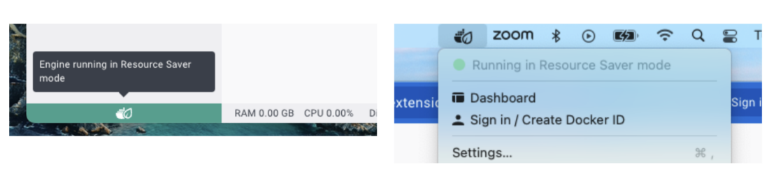 The Docker Desktop menu and the macOS menu bar show Resource Saver mode running. In both windows, a leaf and whale icon shows that it's running in Resource Saver mode.