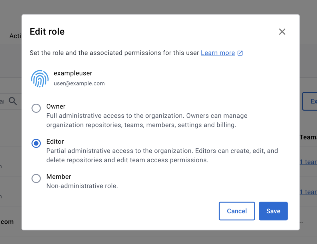 The Editor role section of Docker Hub. This screen shows the selected user, and the roles to which they can be assigned: Owner, Editor, and Member