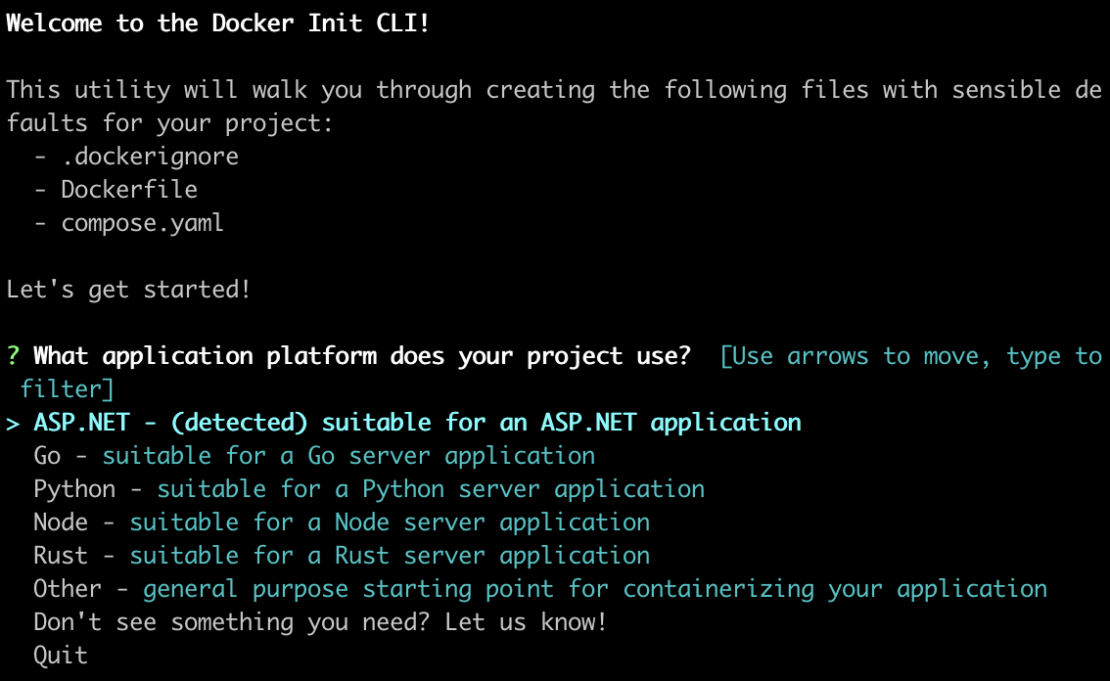 Docker Init showing available languages, now including ASP.NET.