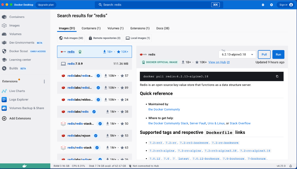 Search results with updated Quick Search within Docker Desktop 4.23.