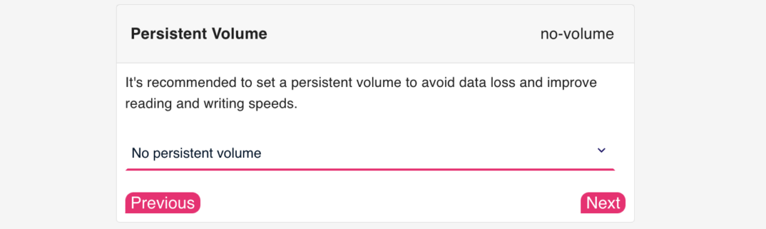 Persistent volume dialog box stating: "It's recommended to set a persistent volume to avoid data loss and improve reading and writing speeds."