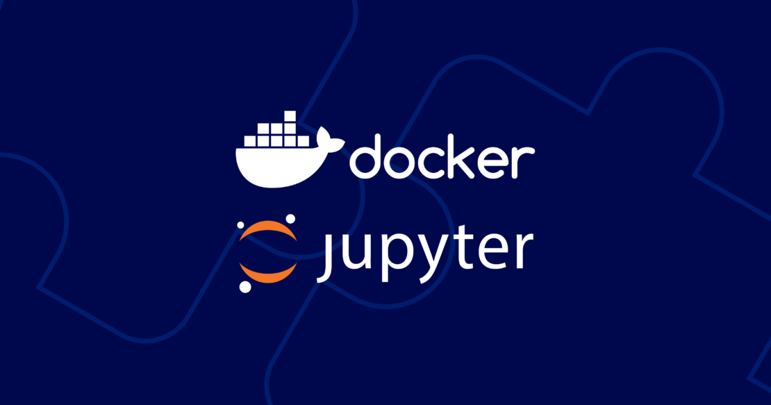 Illustration showing Docker and Jupyter logos on dark blue background