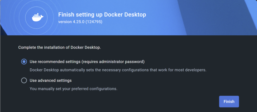 Prompt displaying two new options to finish the installation of Docker Desktop.