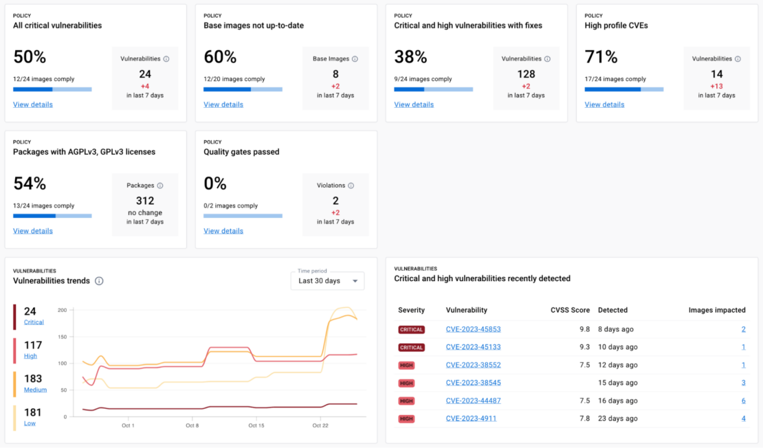 Screenshot of Docker policy results, showing boxes for separate categories including All critical vulnerabilities, Base images not updated, Critical and high vulnerabilities with fixes, and High profile CVEs.