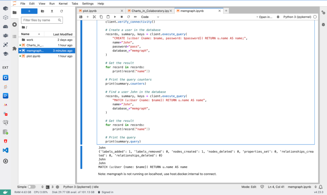 Screenshot showing MemGraph extension selected on the left panel and code in the main panel.