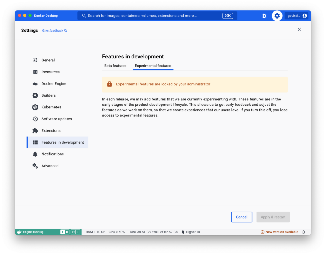 Screenshot of Docker Desktop showing "Features in Development" with Experimental features selected and a comment saying "Experimental features are locked by your administrator."