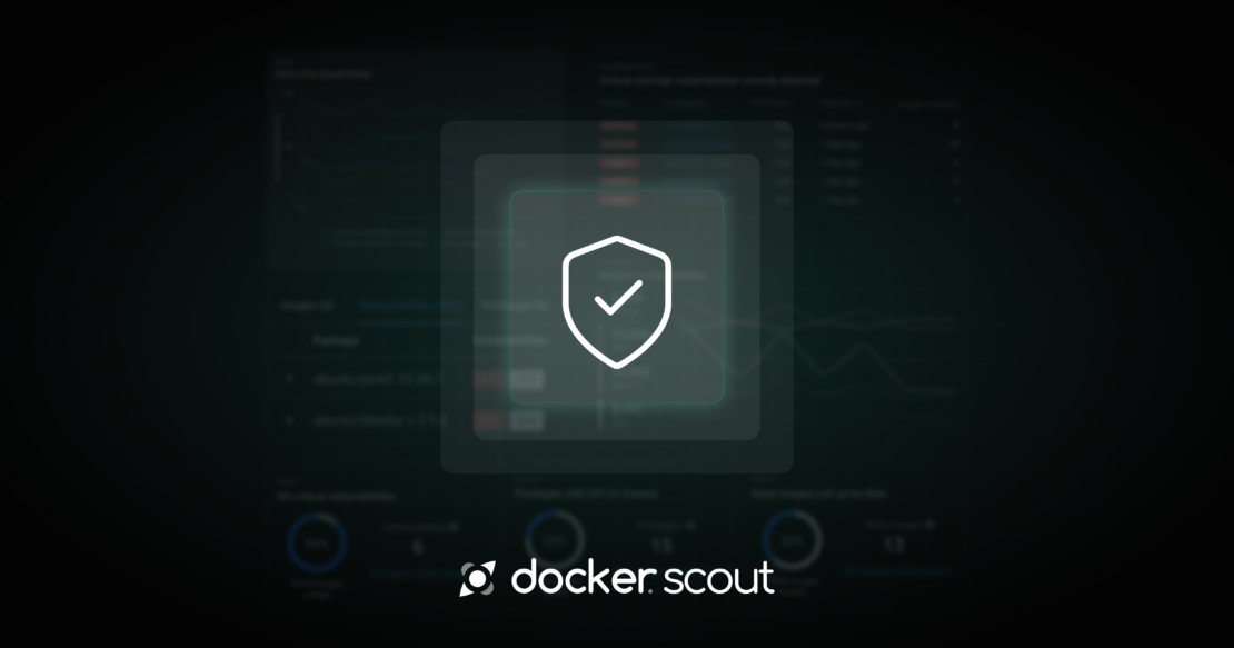 Docker Scout logo with shield and checkmark on black background