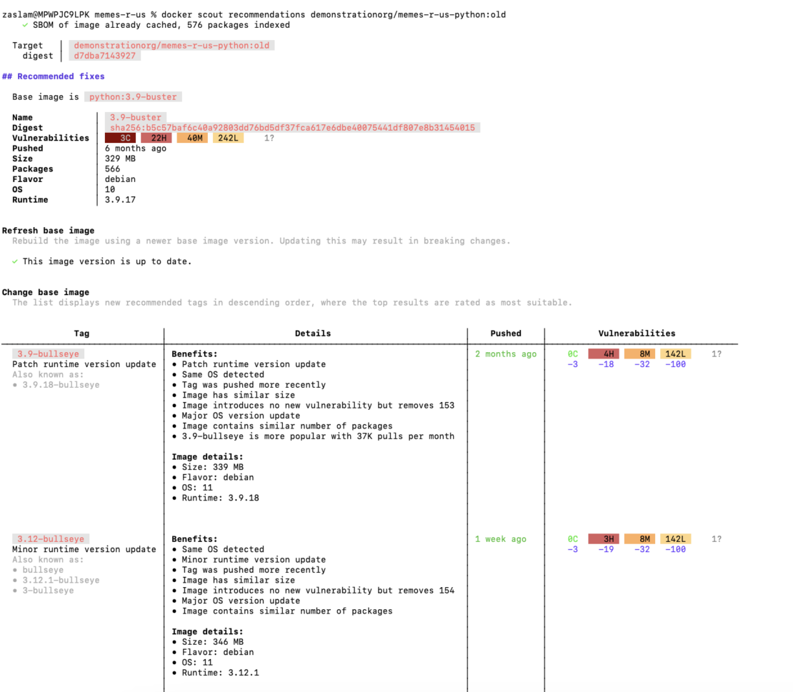 Screenshot showing results of `docker scout recommendations` command with suggested actions for remediating issues.