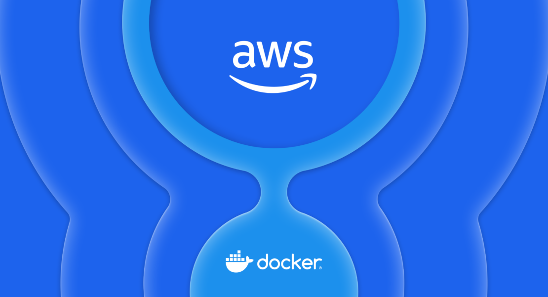 Blue and white illustration with AWS and Docker logos