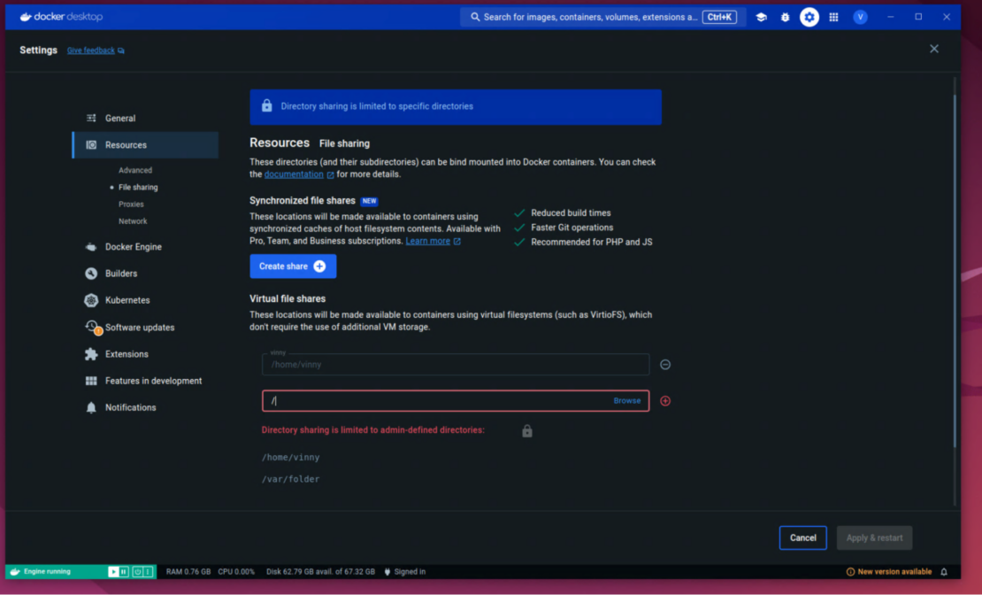 Screenshot of Docker Desktop showing Resources page with options for File Sharing, Synchronized file shares, and Virtual sharing.