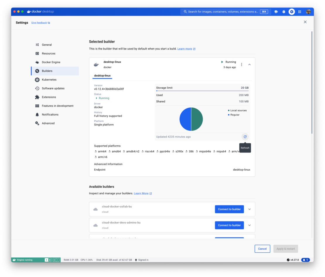 Screenshot of Docker Desktop showing  storage data for selected builder