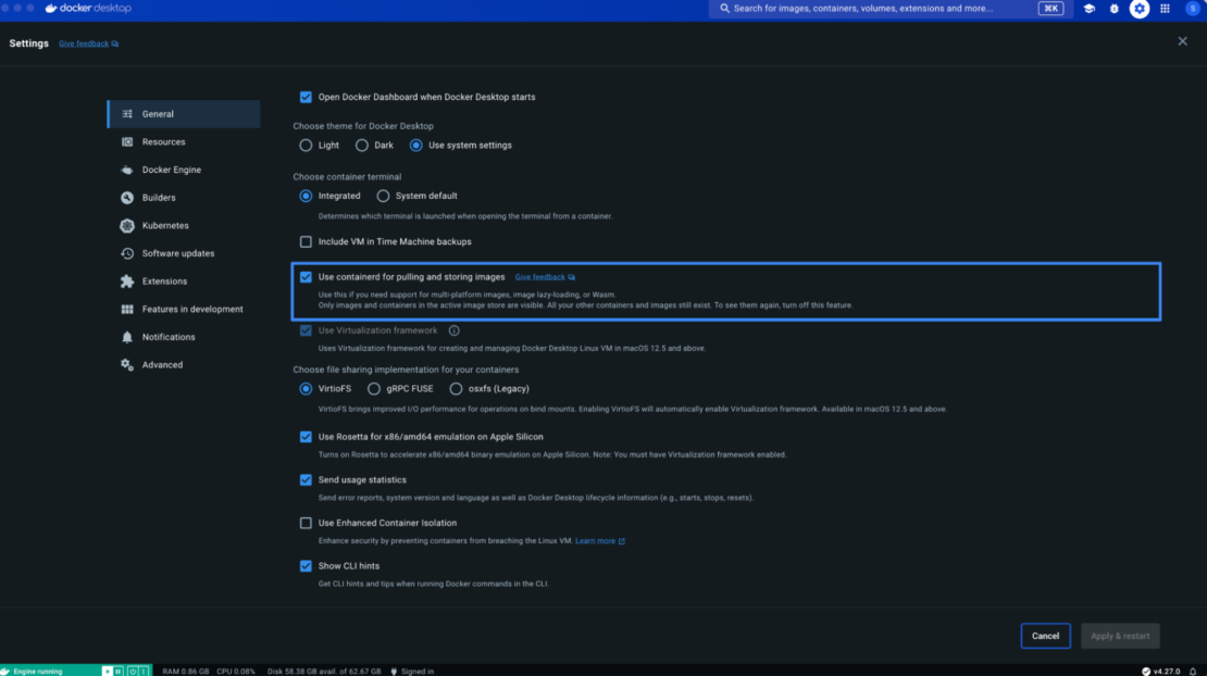 Screenshot of Docker Desktop showing option to enable containerd image store.