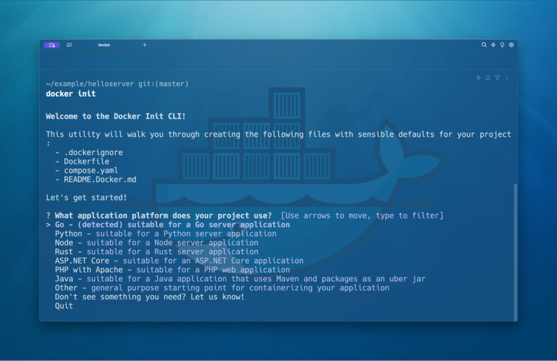 Screenshot of Docker init CLI welcome page.