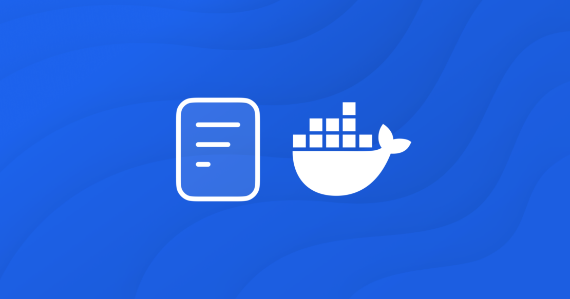 Blue and white illustration showing stylized text file and Docker logo