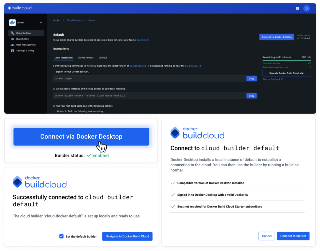 Screenshot of Docker Desktop showing the option to set the default builder during the Connect to Docker Desktop setup.