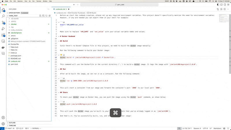  Animated gif showing addition of code action that contains a shell command so users can launch that command in the embedded terminal.