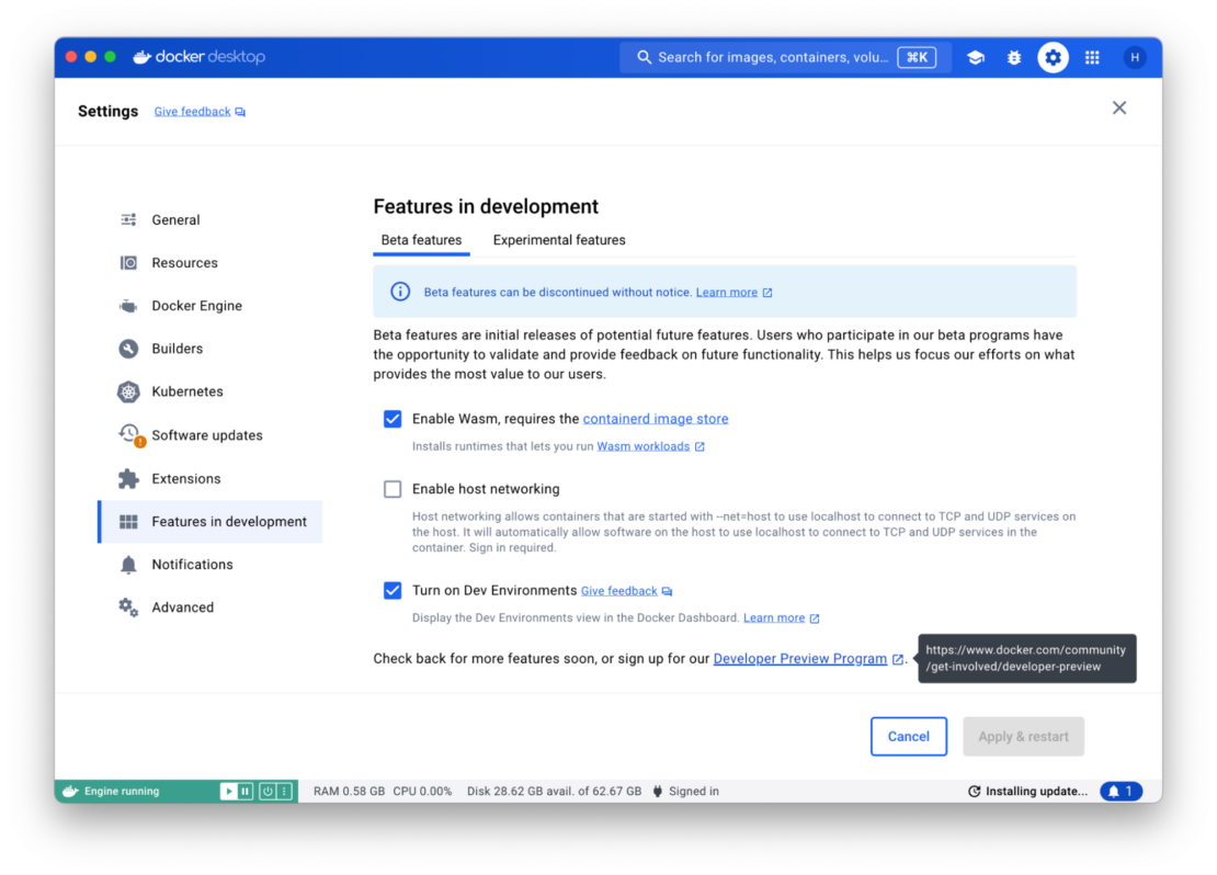 Screenshot of Docker Desktop Settings page showing features in development with Beta and experimental features.