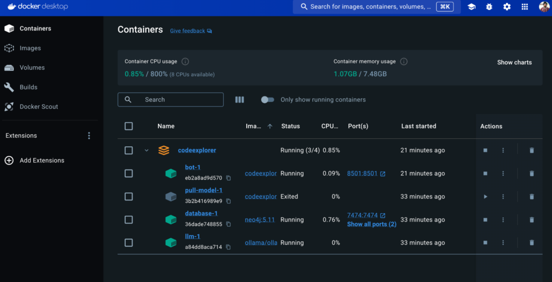 Screenshot of Docker Desktop showing Code Explorer running.