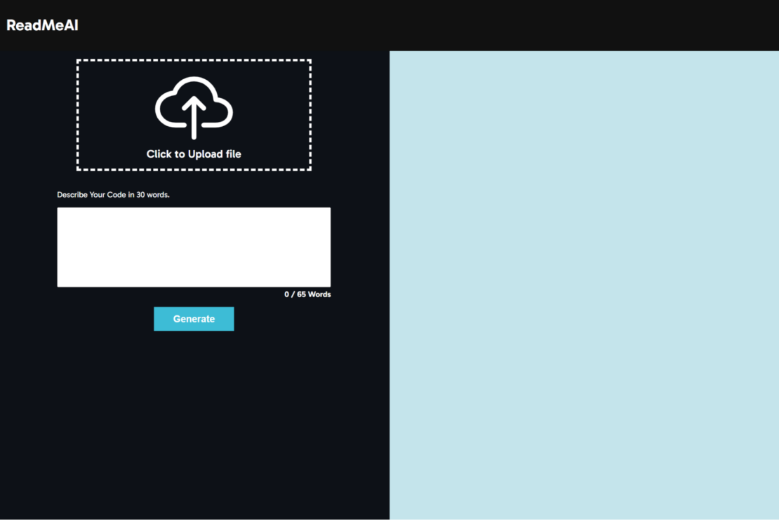 Screenshot of ReadMeAI page with option to upload a file and provide a short description.