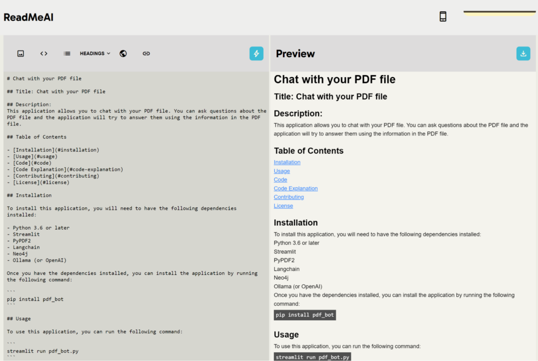 Screenshot of ReadMeAI page showing initial output of README text.