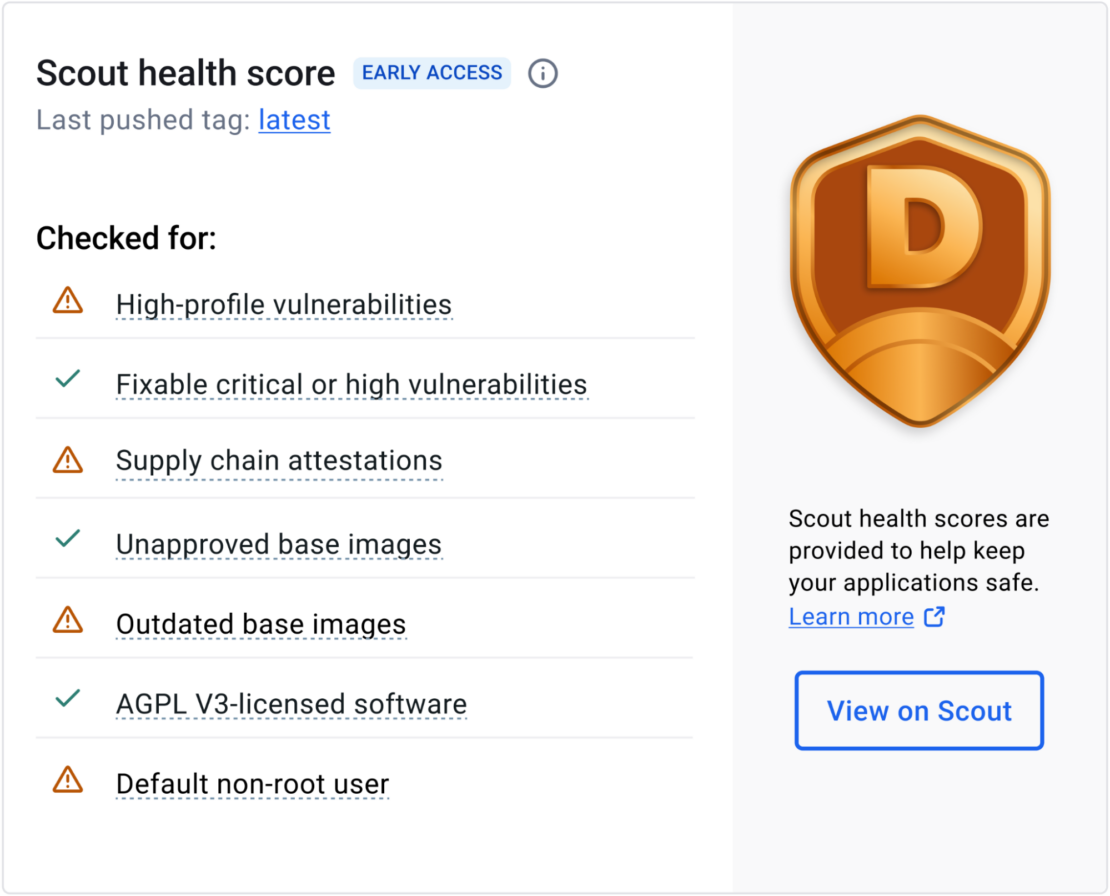 Screenshot of Docker Scout health score rating of D, showing checks for high-profile vulnerabilities, supply chain attestations, unapproved base images, default non-root user, etc.