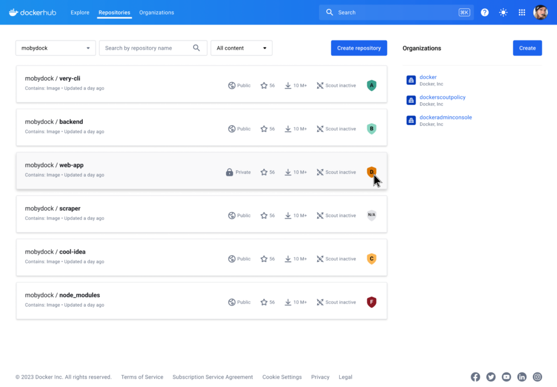 Screenshot of Docker Hub Repositories tab showing different health scores for various repositories.