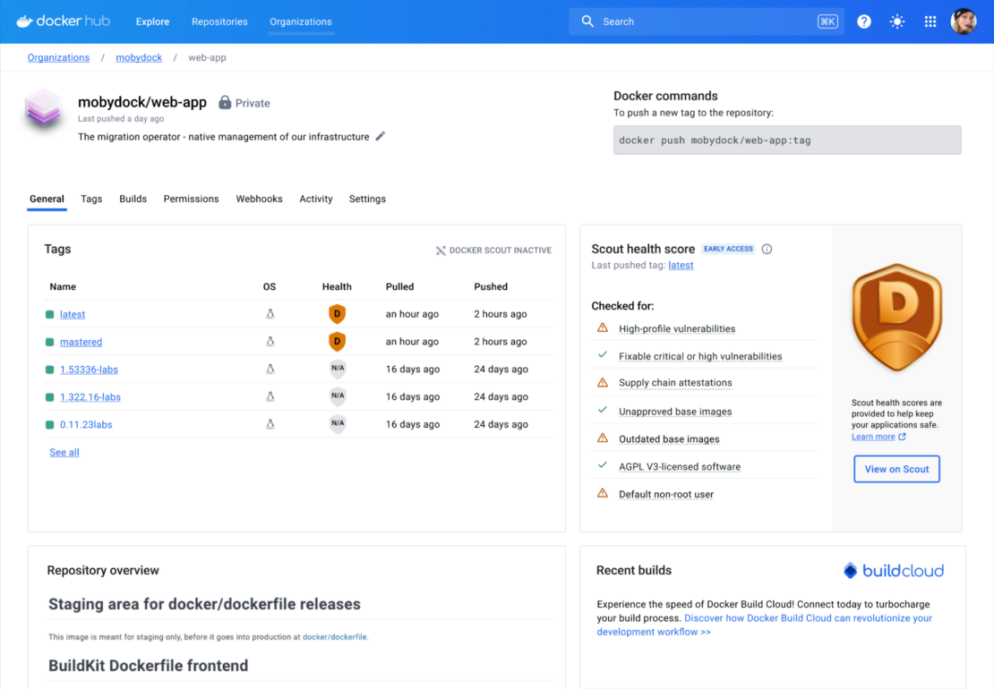 Screenshot of Docker Hub showing detailed repository view and Docker Scout health score rating.