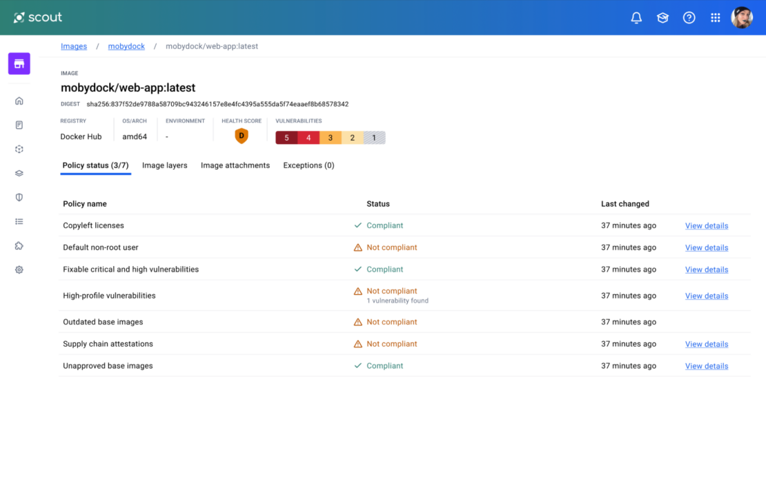 Screenshot of Docker Scout showing image details and compliance status for such things as as copyleft licenses, high-profile vulnerabilities, and outdated base images.