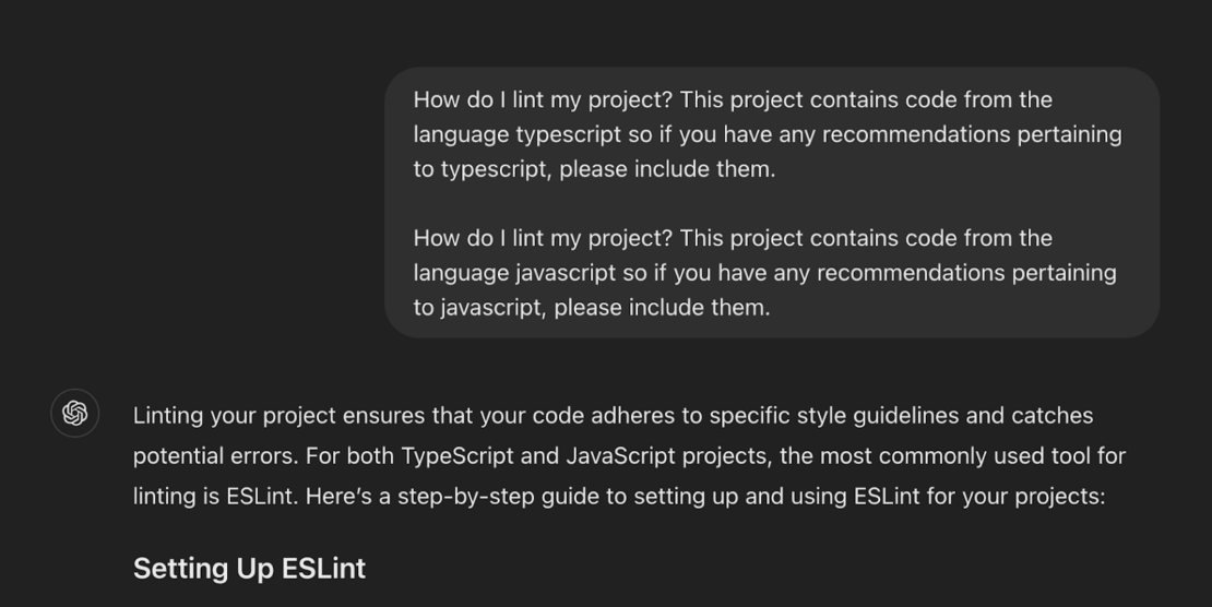 Exchange between developer and AI assistant, asking "How do I lint my project?" The response suggests using ESLint.