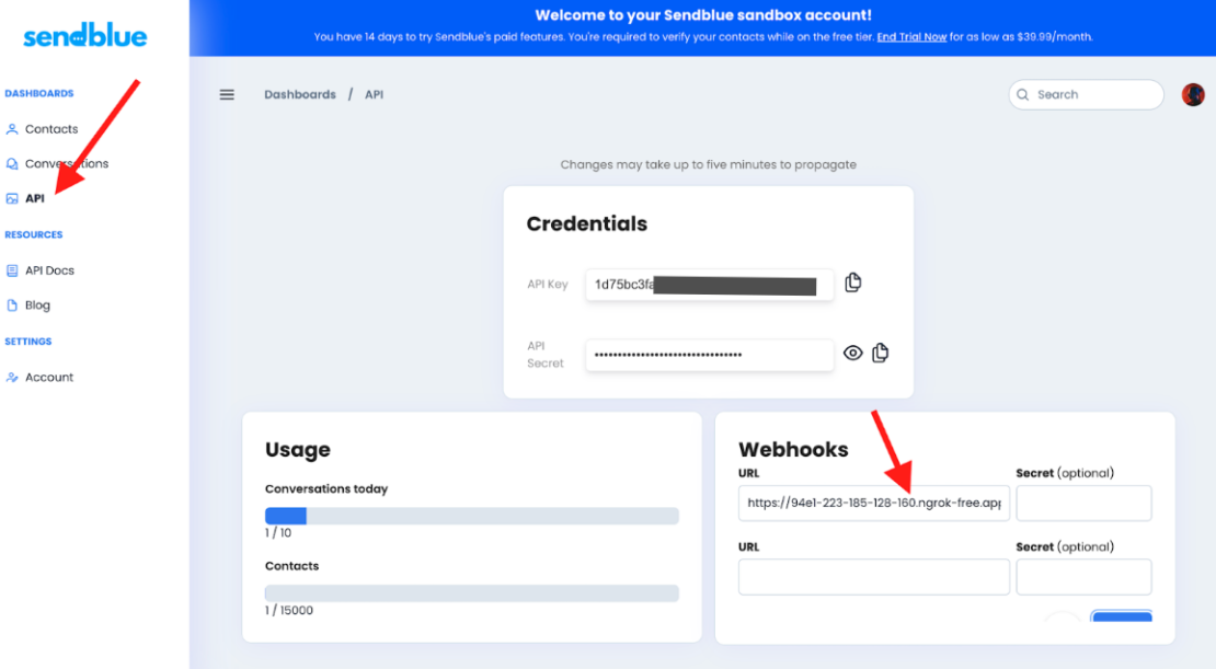 Screenshot of SendBlue showing  addition of ngrok authentication token to Webhooks.