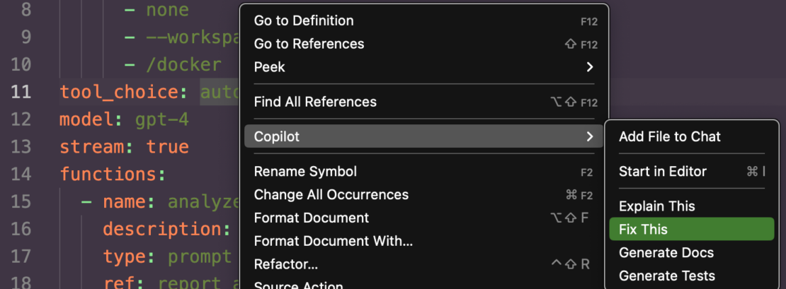 Screenshot showing Copilot's presence in the editor, with "Fix this" highlighted in green.
