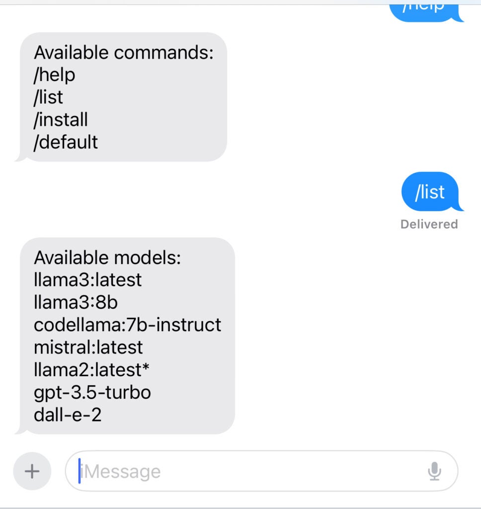 iMessage image showing requests (/list and /help) and responses in chat.