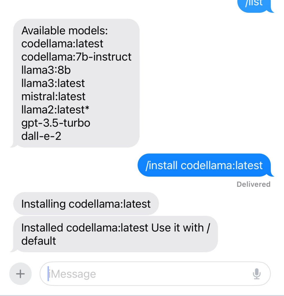 iMessage image installation of codellama model by typing /install codellama:latest.