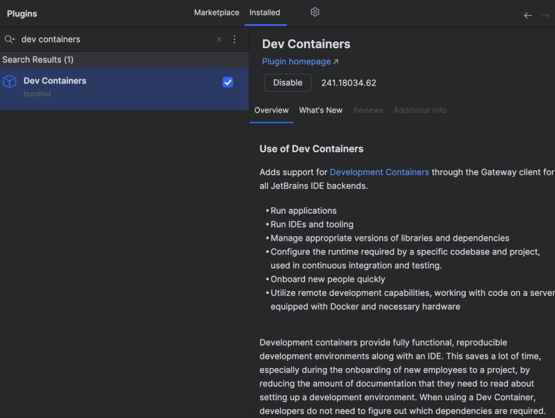 Screenshot showing overview of Dev Containers plugin.