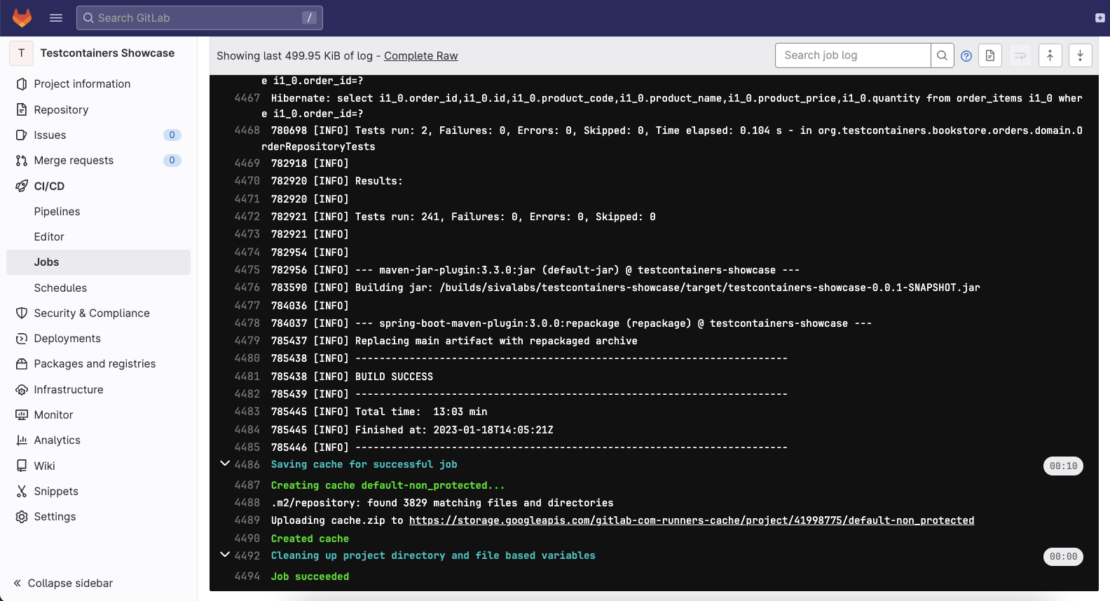 Screenshot of Testcontainers showcase showing test results including total time of 13:03 min.