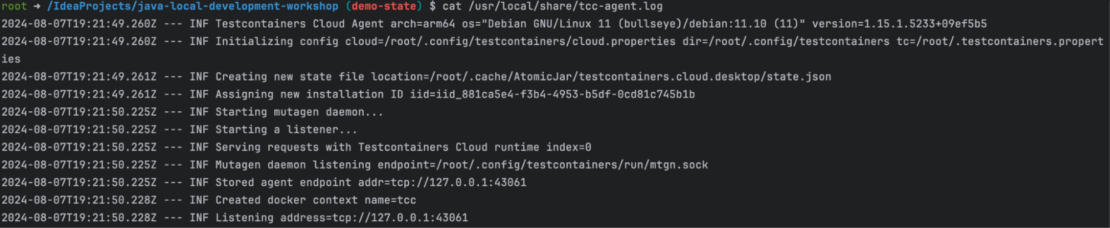 Screenshot of log output, including the "Listening address" line, to verify successful installation of Testcontainers Cloud agent.