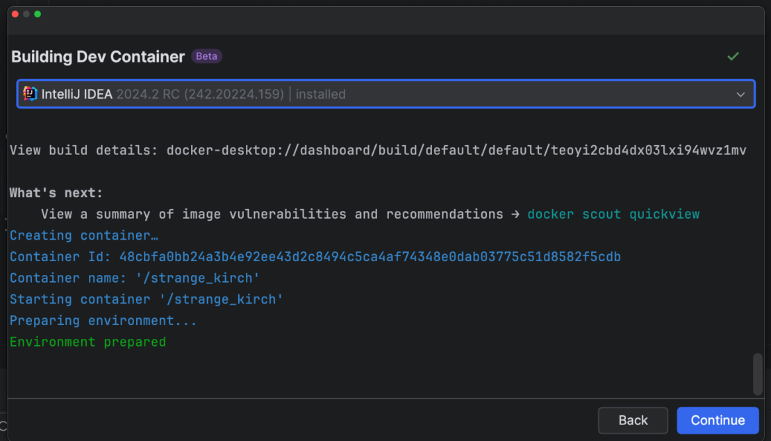 Screenshot of Building Dev Container window, showing container build progress and details. such as Container ID and Container name.