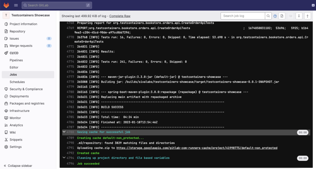 Screenshot of Testcontainers showcase showing details of test results including total time of 4:24 min.