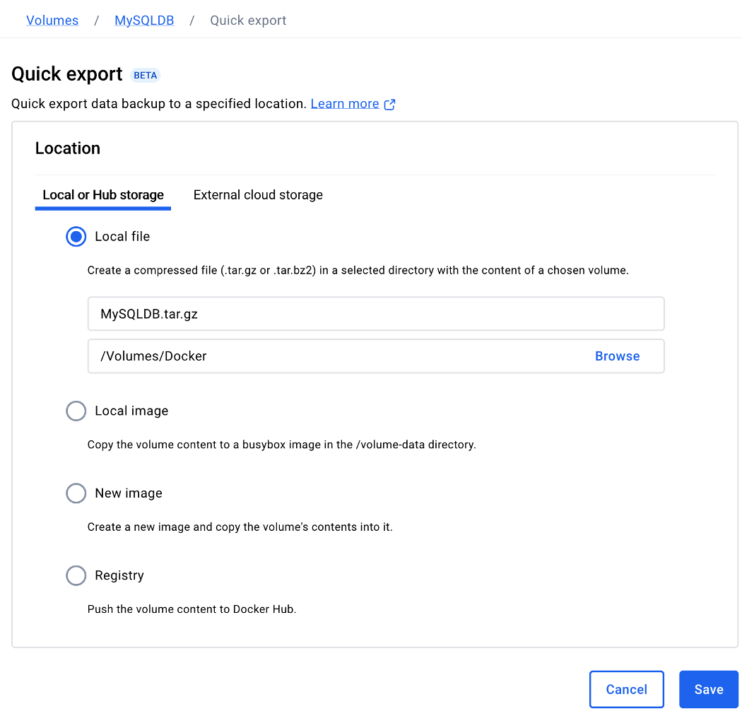 Screenshot of Docker Desktop Volumes showing option to "Quick export data backup to a specified location"