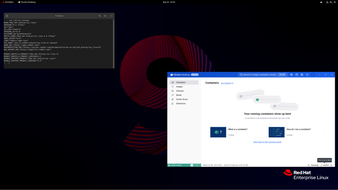 Screenshot of Docker Desktop for Red Hat Enterprise Linux with terminal window, Docker Desktop window, and RHEL logo in lower left.