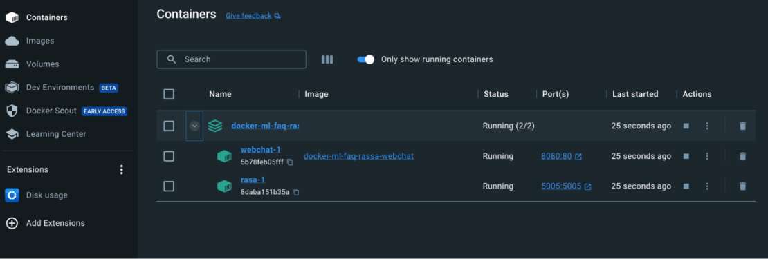 You can also leverage the Docker Dashboard to view your container’s ID and easily access or manage your application