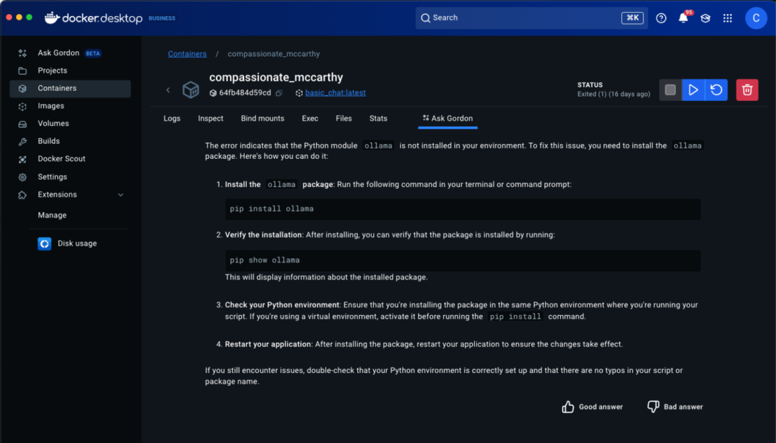 Screenshot of Docker Desktop showing the Ask Gordon tab next to Logs, Inspect, Files, Stats and other options.